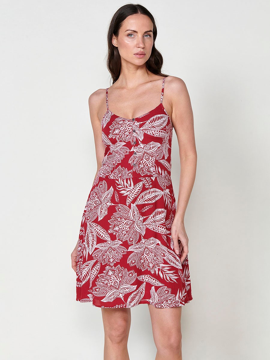Vestit curt fluid vermell per dona amb espatlles i esquena descobertes i brodat floral
