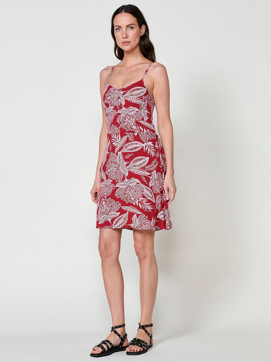 Vestit curt fluid vermell per dona amb espatlles i esquena descobertes i brodat floral