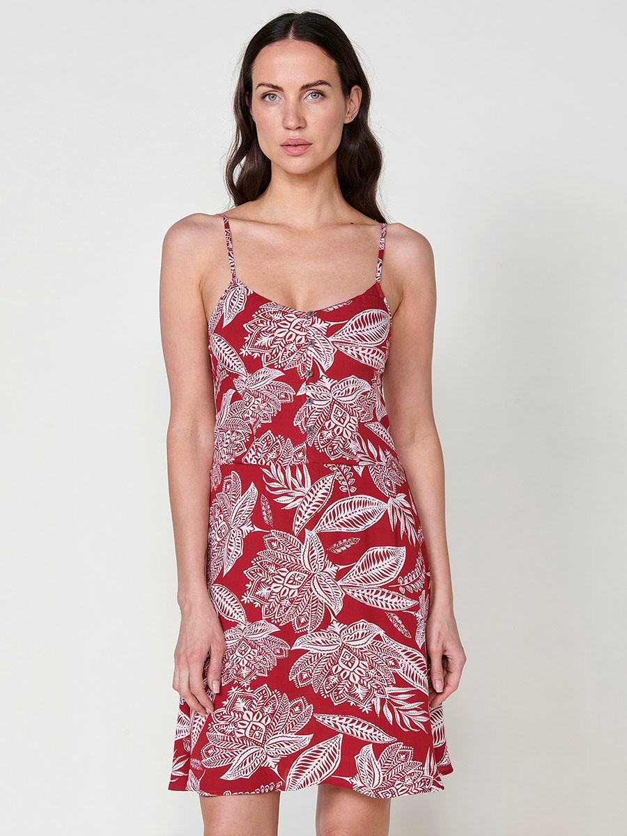 Vestit curt fluid vermell per dona amb espatlles i esquena descobertes i brodat floral
