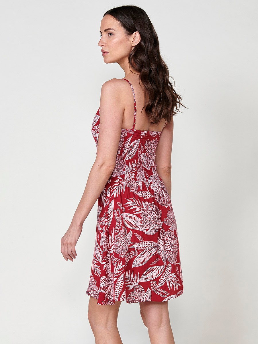 Vestit curt fluid vermell per dona amb espatlles i esquena descobertes i brodat floral