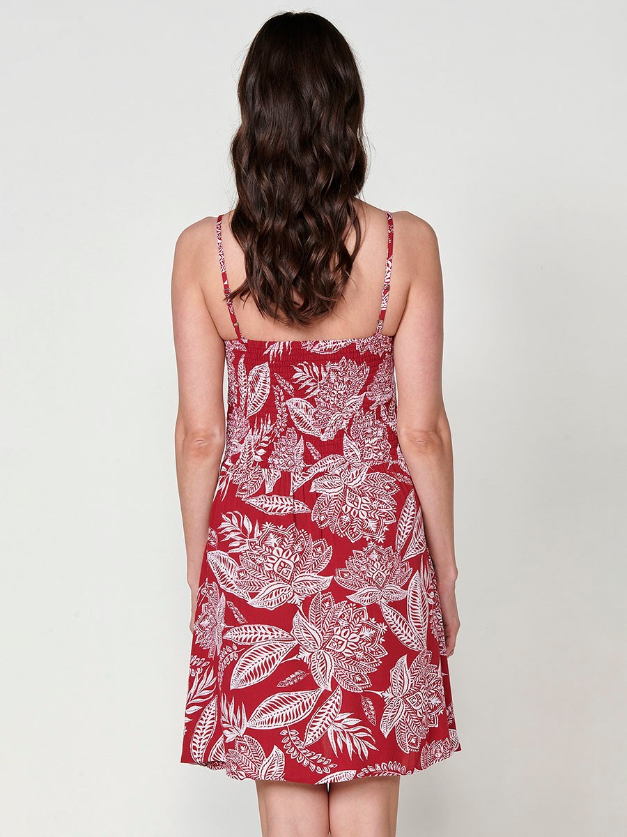 Vestit curt fluid vermell per dona amb espatlles i esquena descobertes i brodat floral