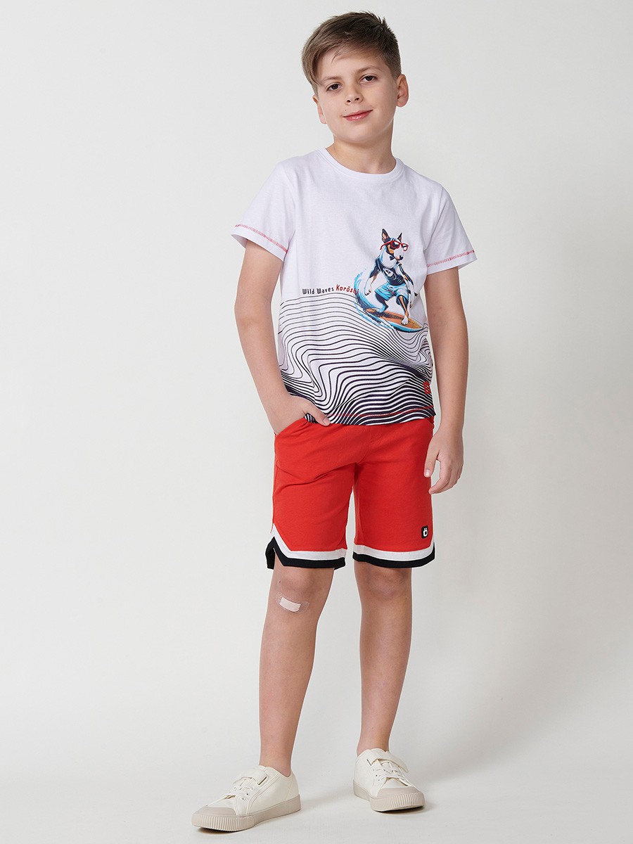 Camiseta de Niño de Algodón con Estampado de Ondas y Perro Surfero Color Blanco