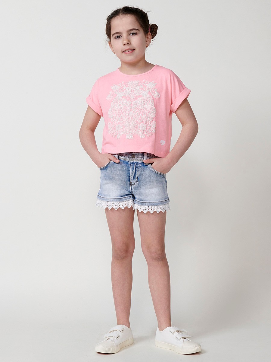 Pantalón Corto con Acabado en Blonda a Contraste con Brillis en Azul Claro para Niña