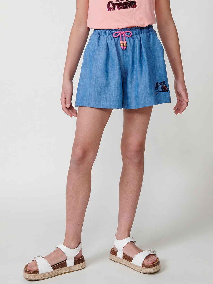 Mädchen-Shorts in Jeansoptik mit Rosa Schleife und Stickerei