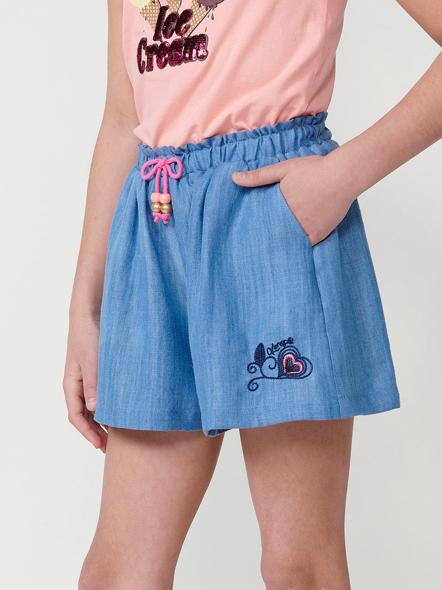 Mädchen-Shorts in Jeansoptik mit Rosa Schleife und Stickerei