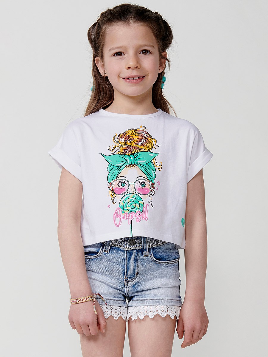 Weißes Mädchentop mit angeschnittenen Ärmeln und Glitzerbrillen-Print
