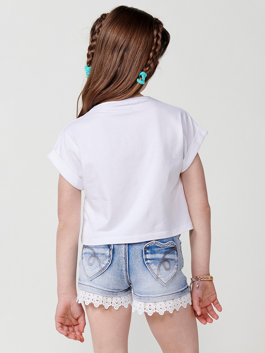 Weißes Mädchentop mit angeschnittenen Ärmeln und Glitzerbrillen-Print