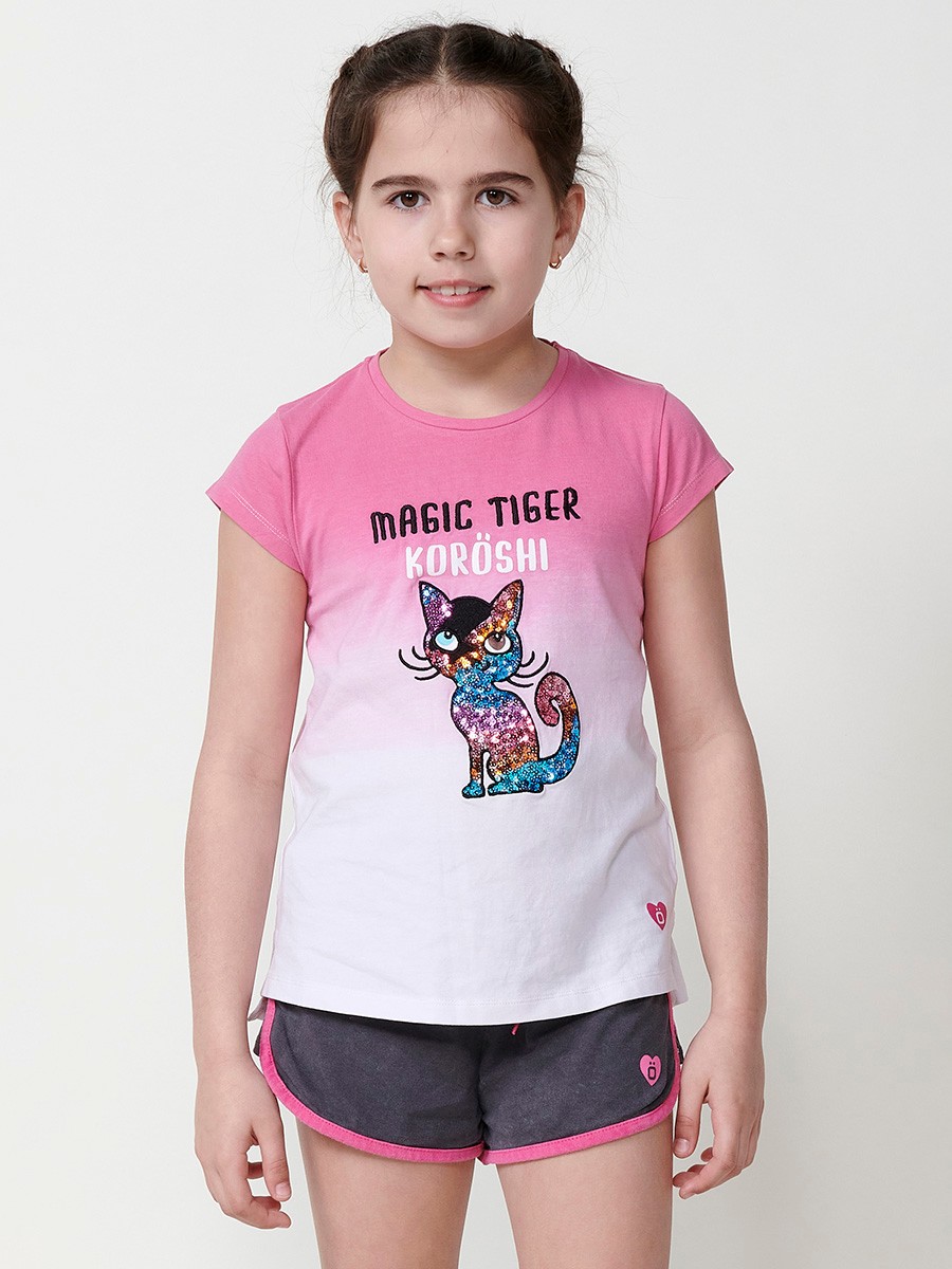 Girls' white top with fuchsia dip dye, sequin cat embroidery and Koröshi logo