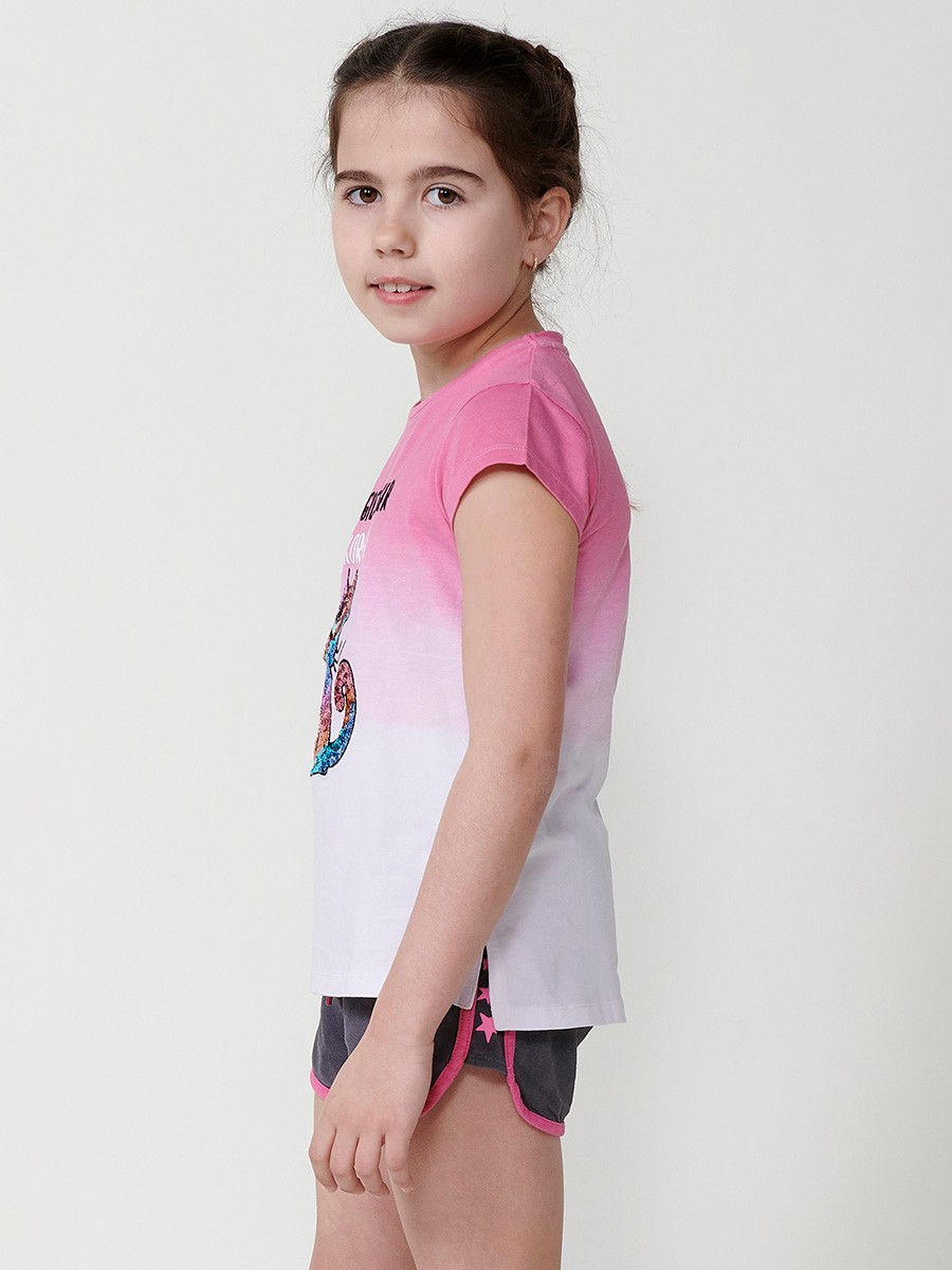 Girls' white top with fuchsia dip dye, sequin cat embroidery and Koröshi logo