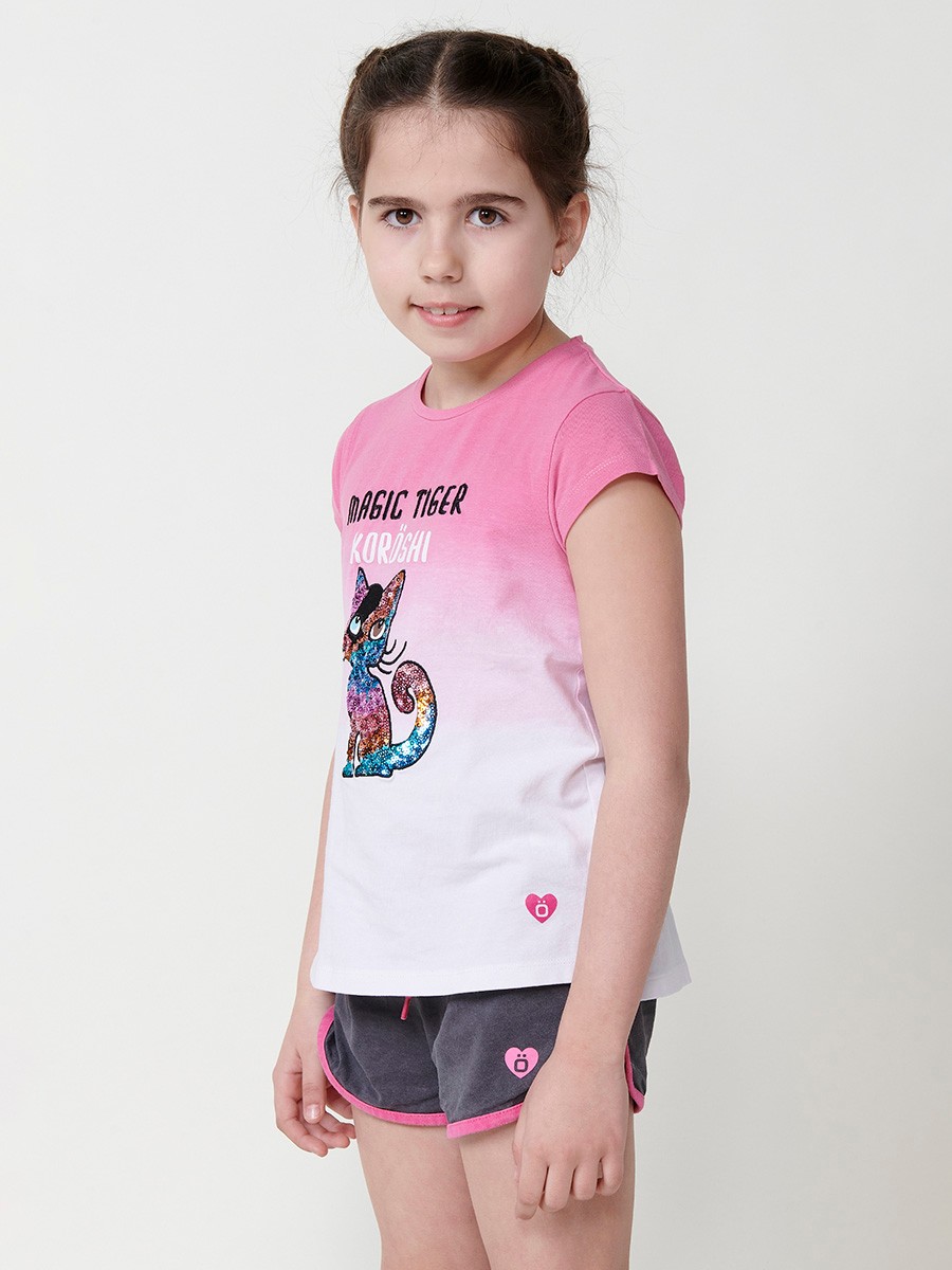 Girls' white top with fuchsia dip dye, sequin cat embroidery and Koröshi logo