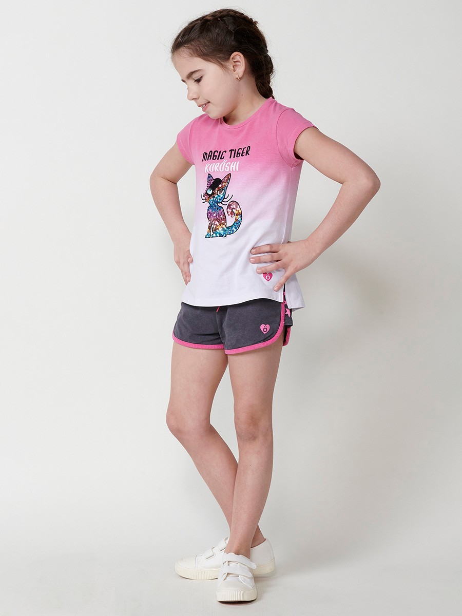 Girls' white top with fuchsia dip dye, sequin cat embroidery and Koröshi logo