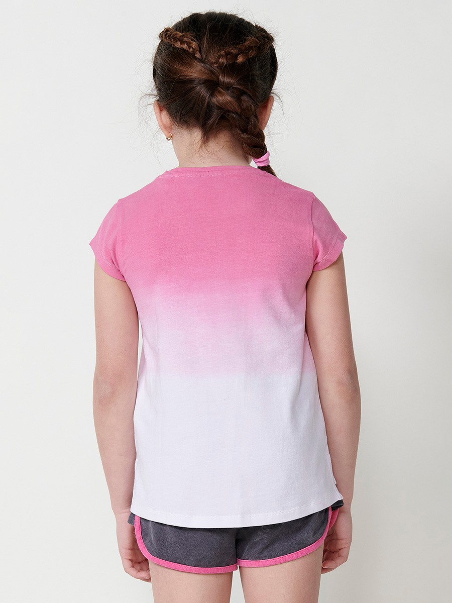 Girls' white top with fuchsia dip dye, sequin cat embroidery and Koröshi logo