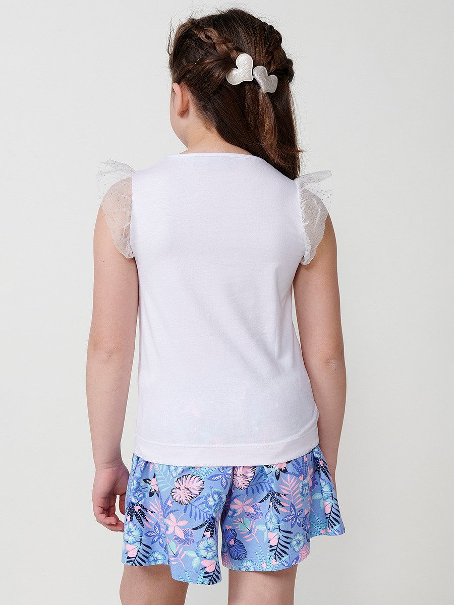 Weißes Mädchentop mit goldenen Tüllärmeln und Luftballon-Mädchenprint