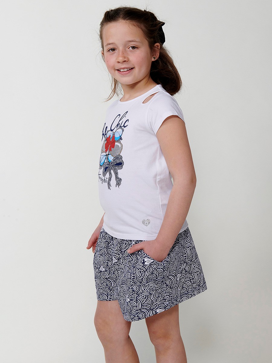 Top blanco de niña con estampado de gafas brillantes y detalle lágrima en el hombro
