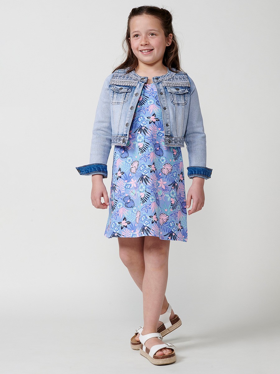 Robe fille en coton stretch à fleurs exotiques multicolores et bretelles froncées