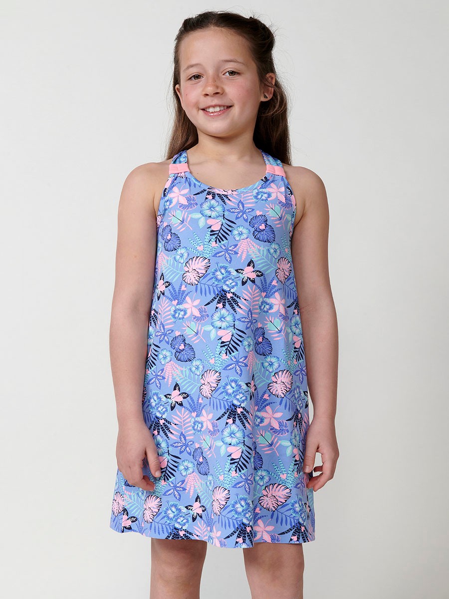 Robe fille en coton stretch à fleurs exotiques multicolores et bretelles froncées