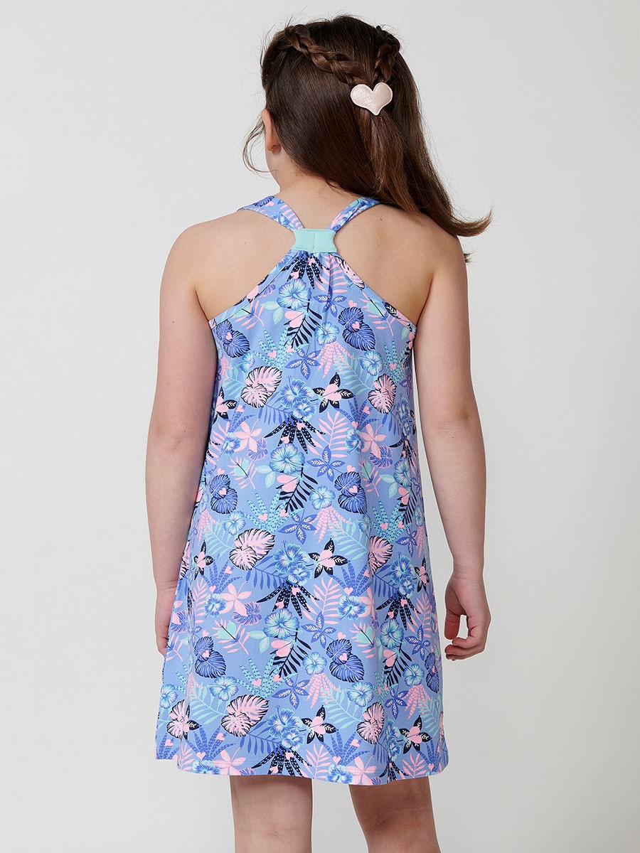 Robe fille en coton stretch à fleurs exotiques multicolores et bretelles froncées
