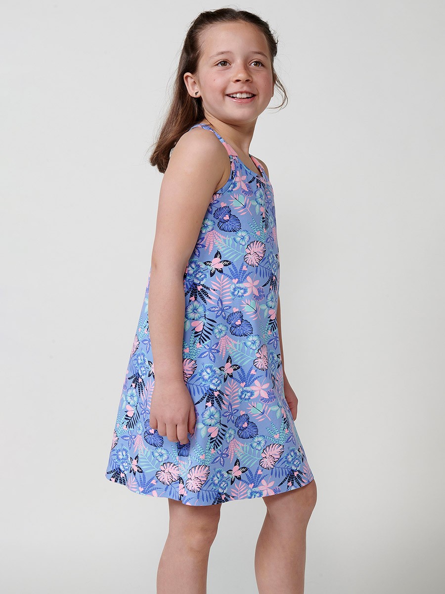 Robe fille en coton stretch à fleurs exotiques multicolores et bretelles froncées