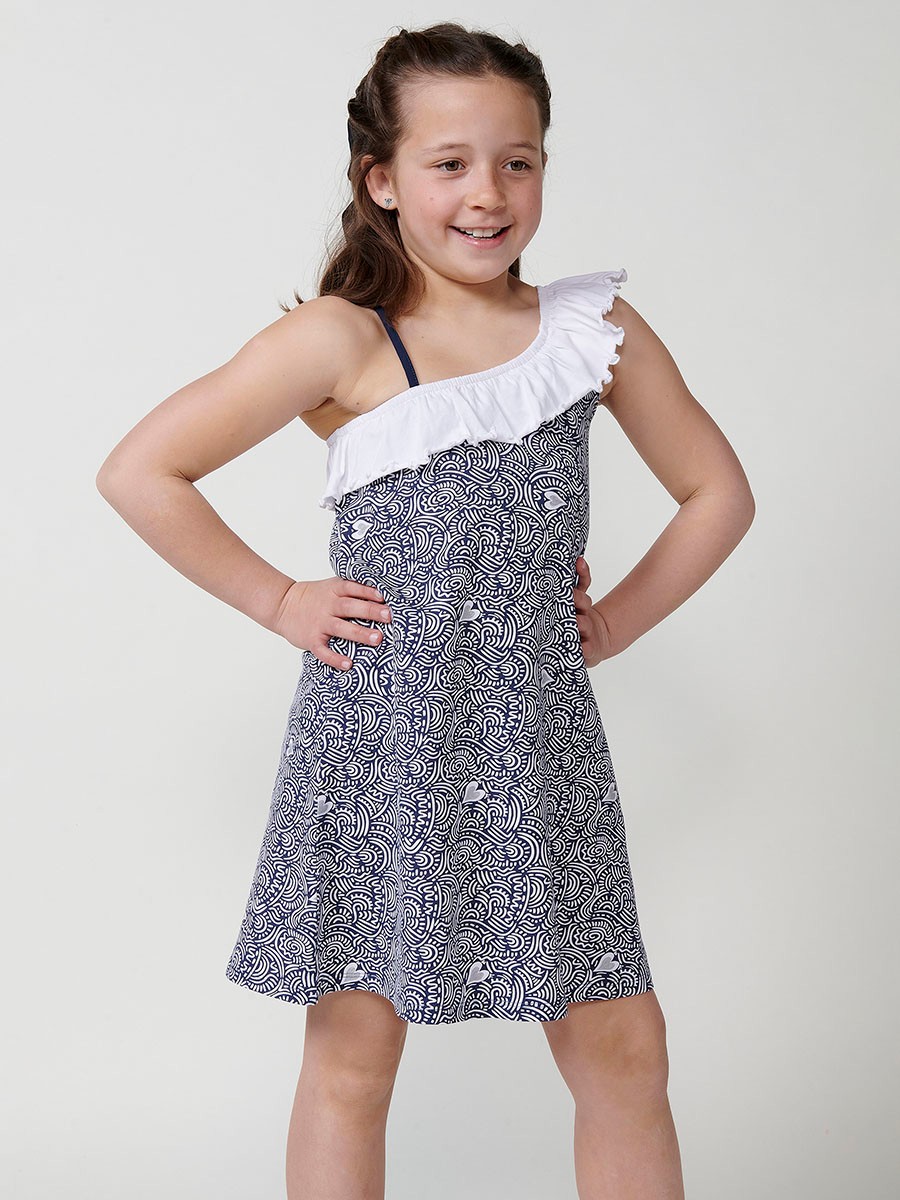 Koröshi girls' dress in stretch cotton navy with asymmetric neckline