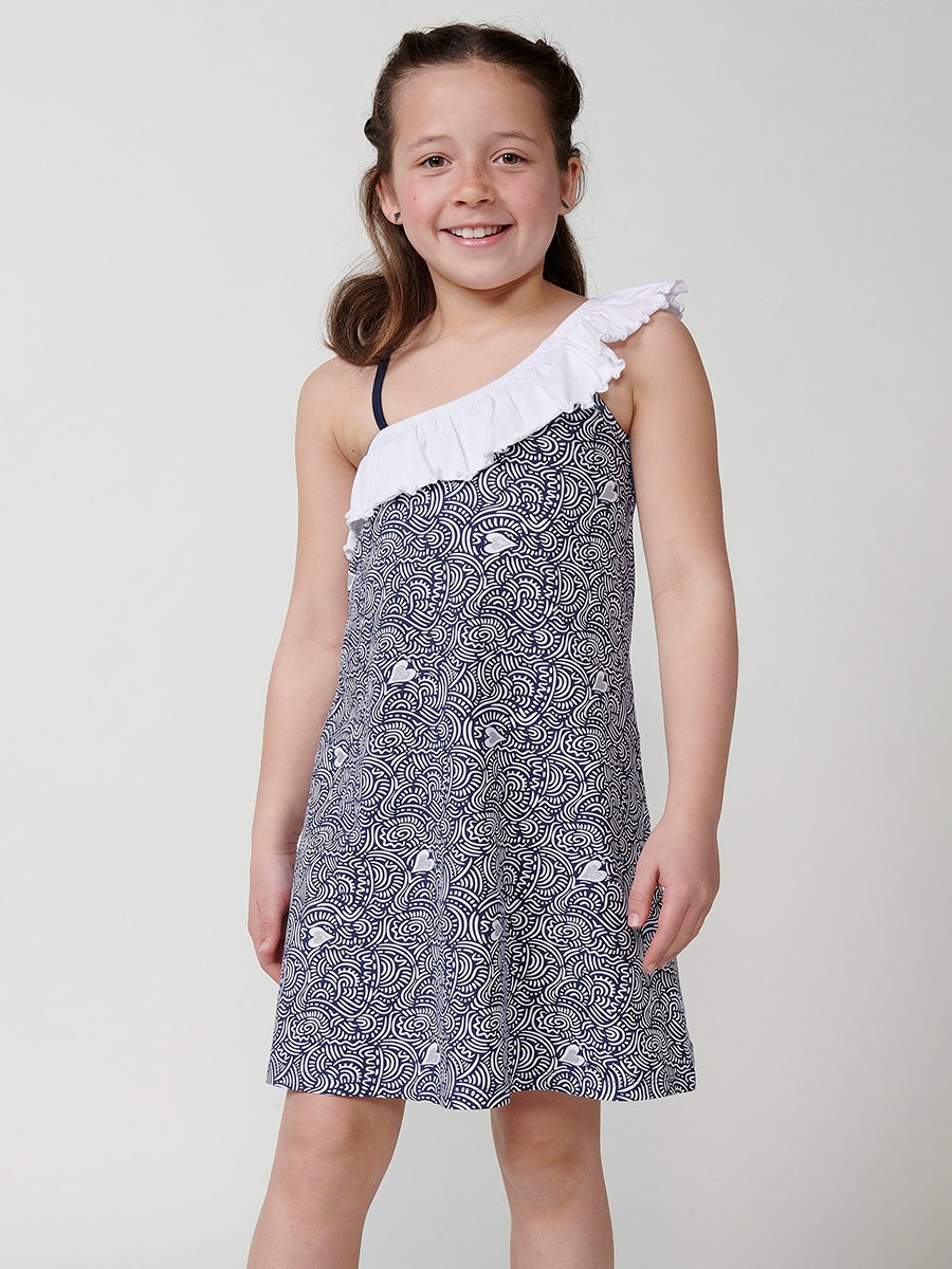 Koröshi girls' dress in stretch cotton navy with asymmetric neckline