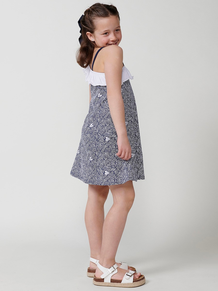 Koröshi girls' dress in stretch cotton navy with asymmetric neckline
