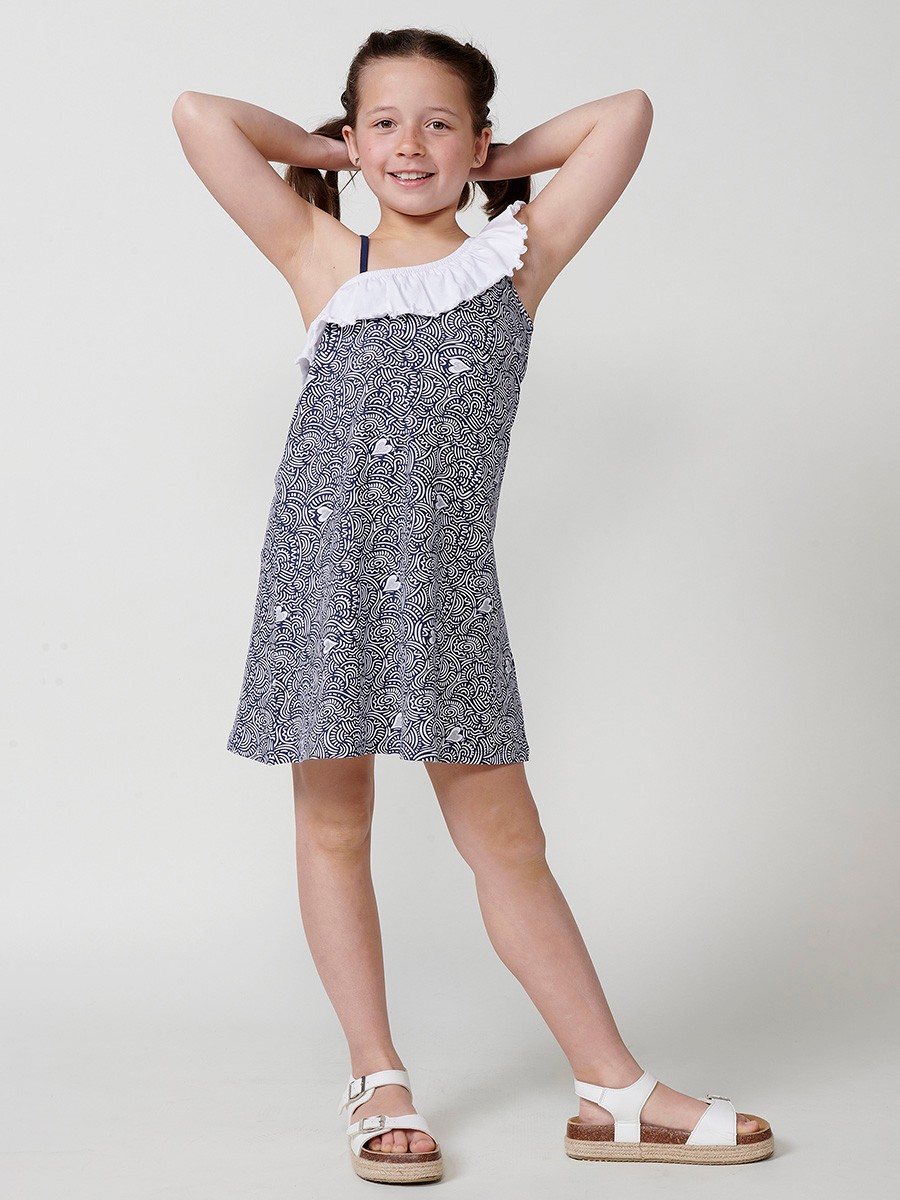 Koröshi girls' dress in stretch cotton navy with asymmetric neckline
