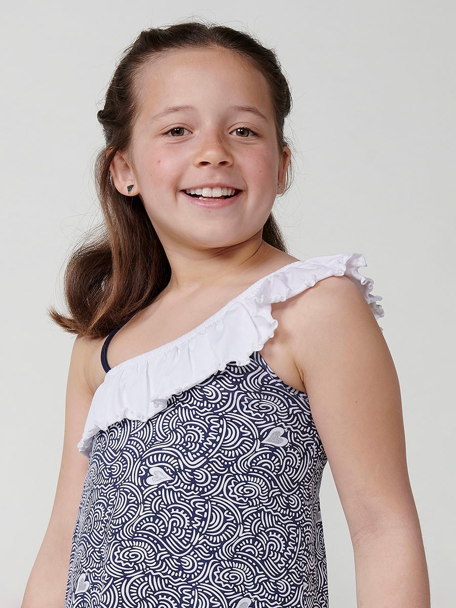 Koröshi girls' dress in stretch cotton navy with asymmetric neckline
