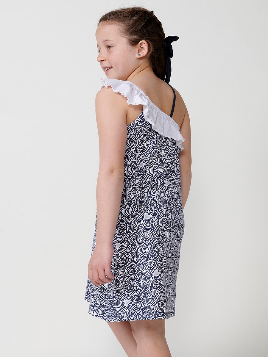 Koröshi girls' dress in stretch cotton navy with asymmetric neckline