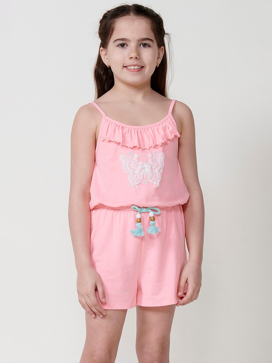 Kurzer Mädchen-Overall von Koröshi in Rosa mit Volant und Schmetterlingsdetail