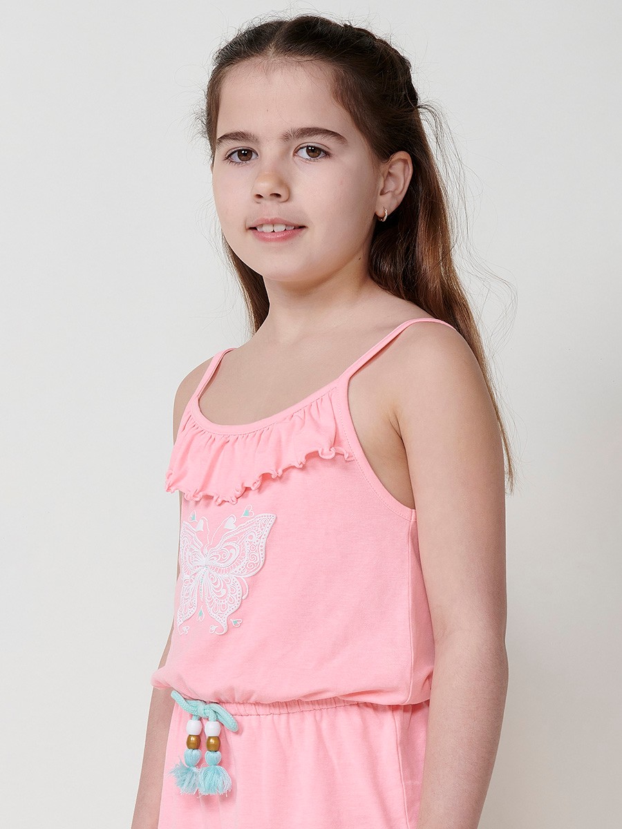 Kurzer Mädchen-Overall von Koröshi in Rosa mit Volant und Schmetterlingsdetail