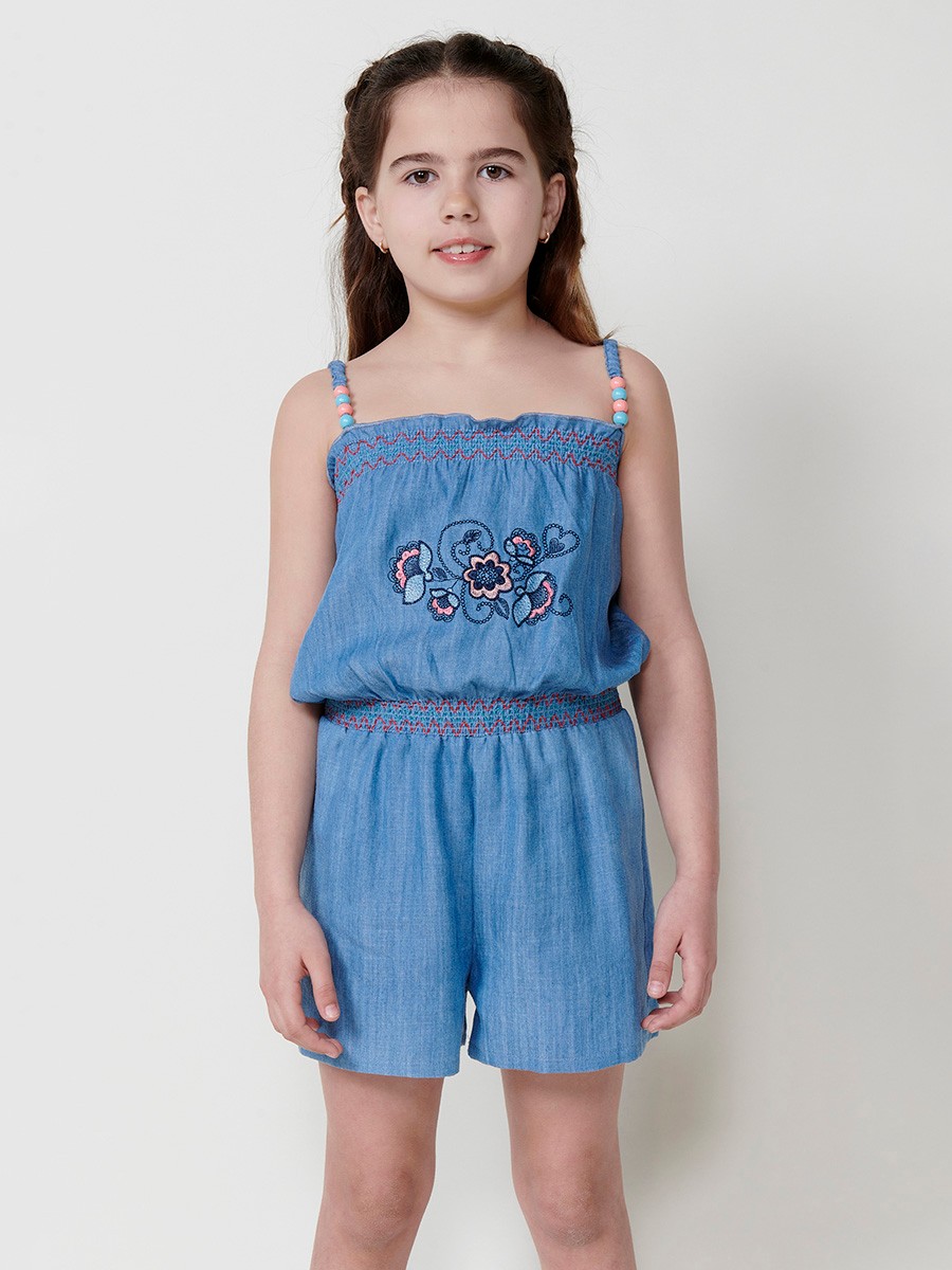 Mädchen-Jumpsuit Kurz in Jeansoptik mit Gummizug und Blumenstickerei