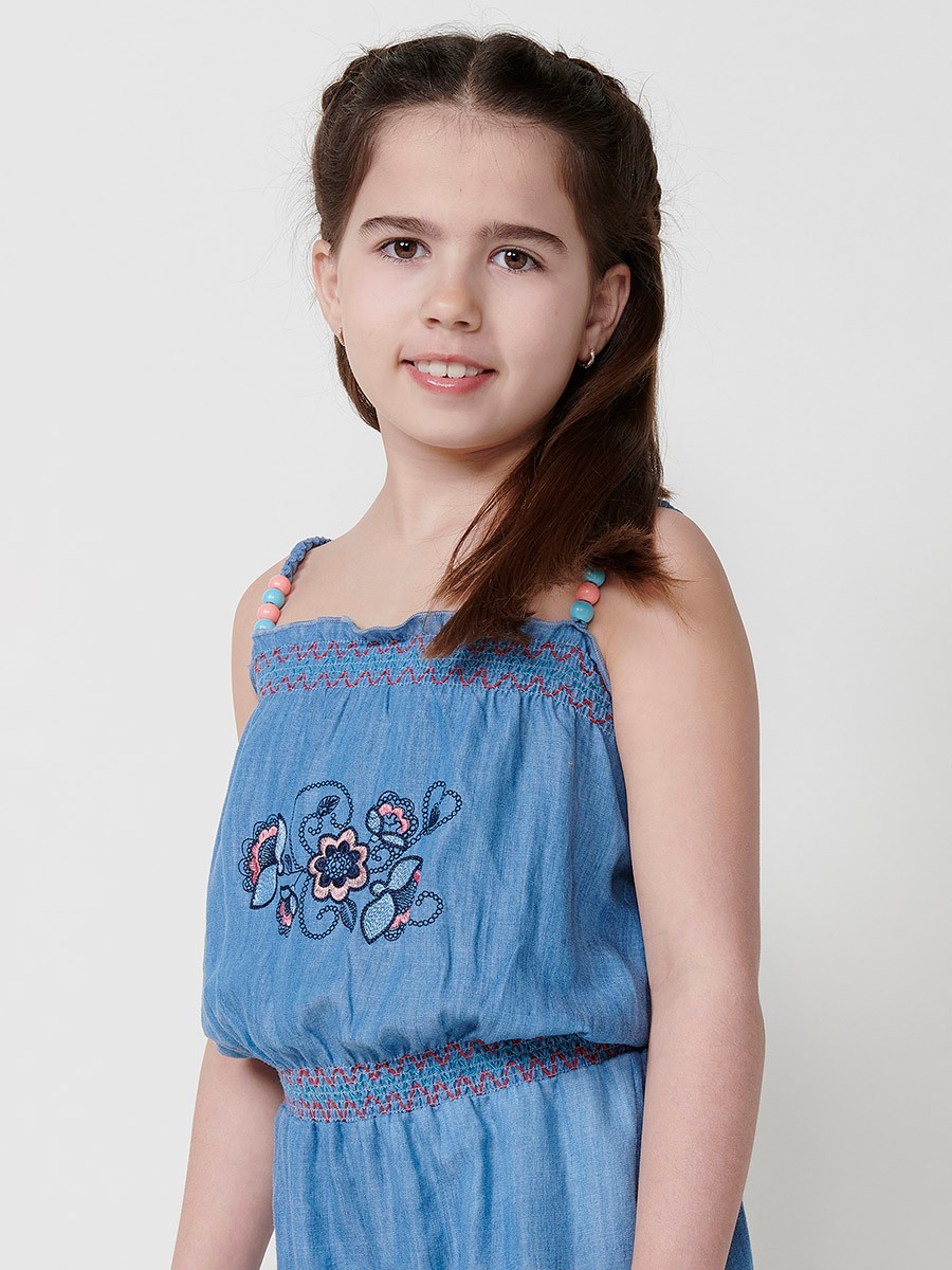 Mädchen-Jumpsuit Kurz in Jeansoptik mit Gummizug und Blumenstickerei