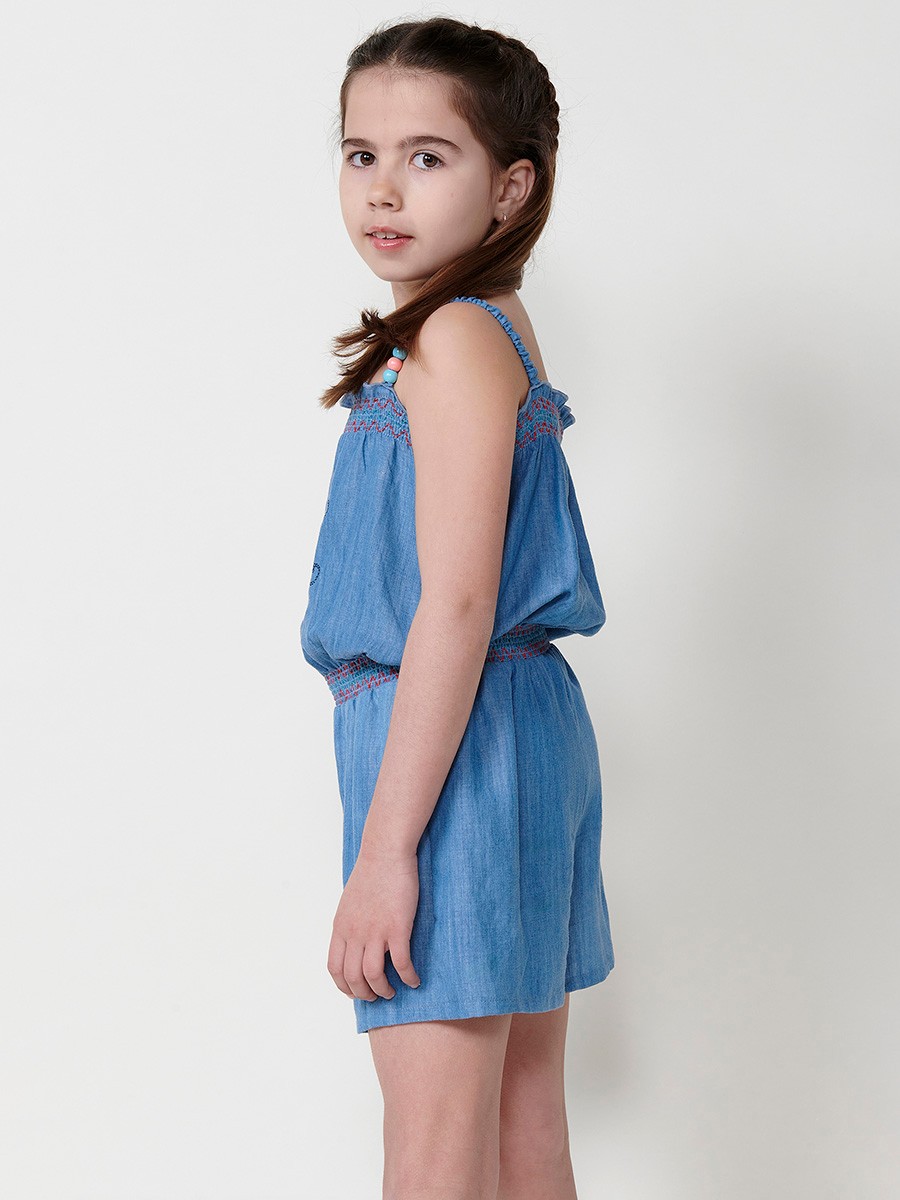 Mädchen-Jumpsuit Kurz in Jeansoptik mit Gummizug und Blumenstickerei