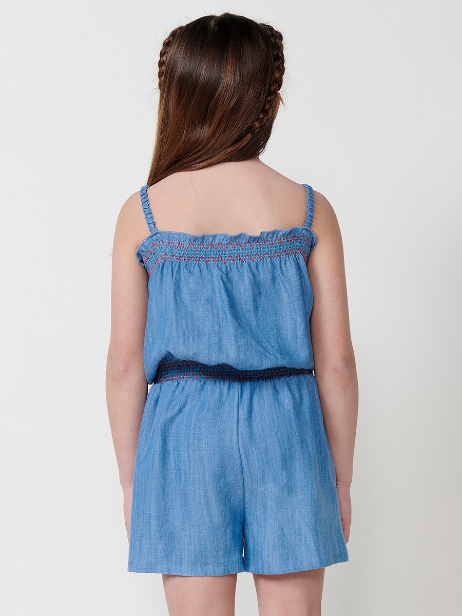 Mädchen-Jumpsuit Kurz in Jeansoptik mit Gummizug und Blumenstickerei