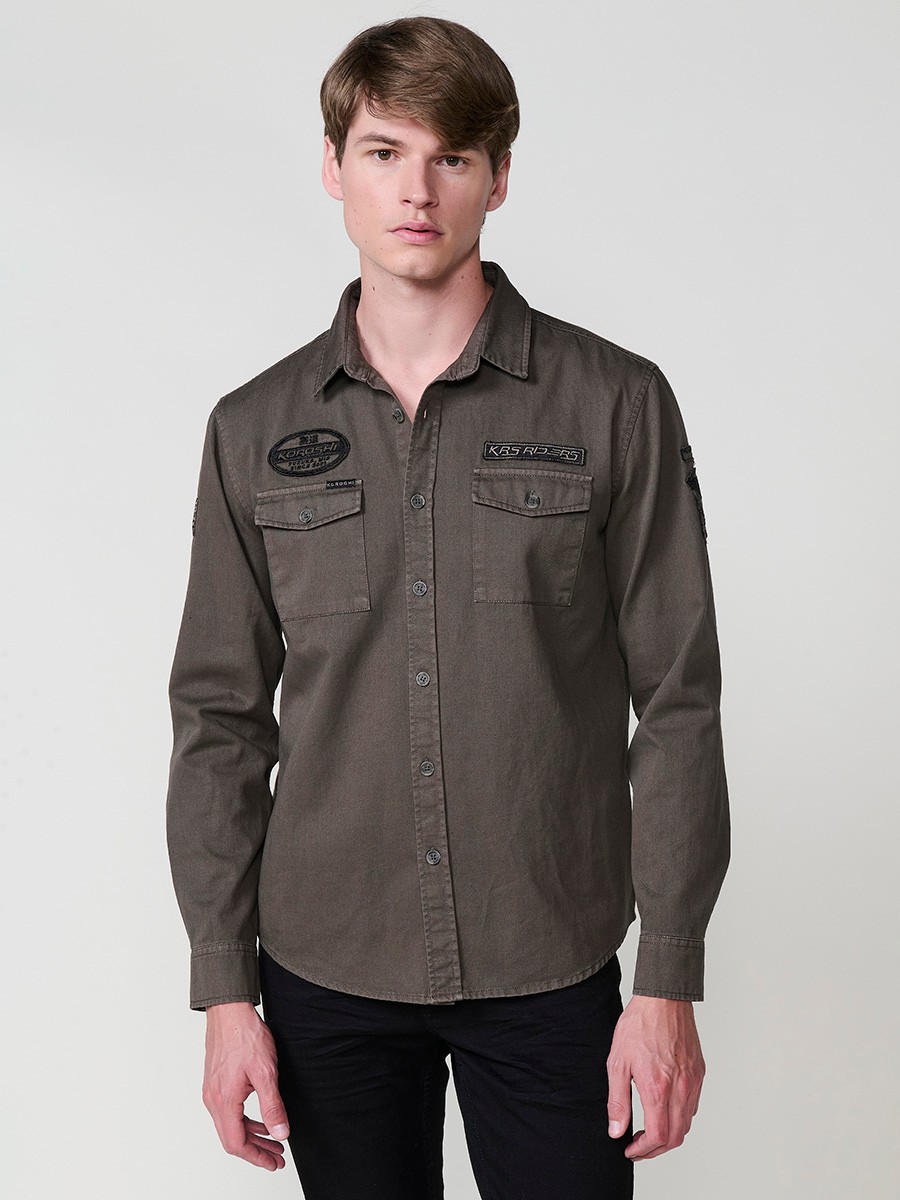 Chemise Homme Vert Olive 100 % Coton avec Poches à Rabat