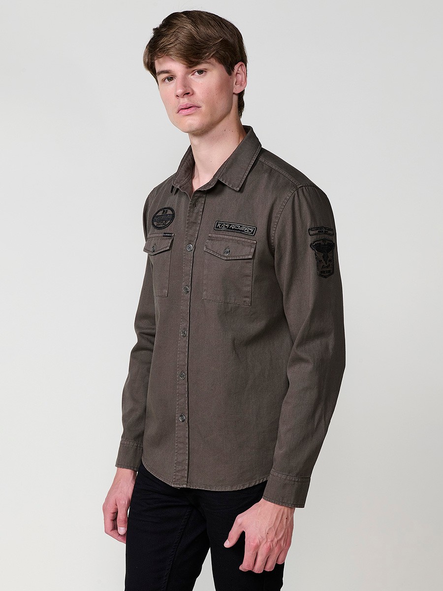 Chemise Homme Vert Olive 100 % Coton avec Poches à Rabat