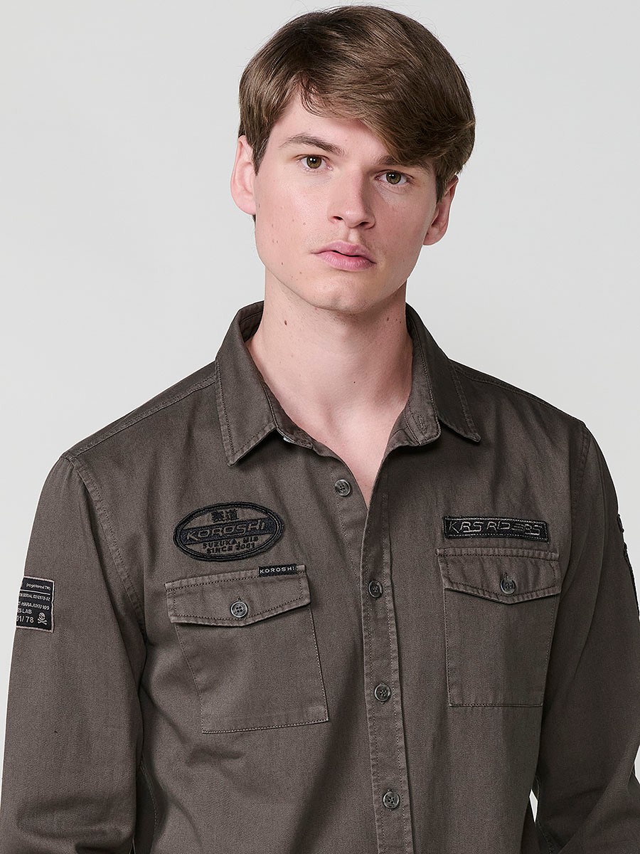Chemise Homme Vert Olive 100 % Coton avec Poches à Rabat