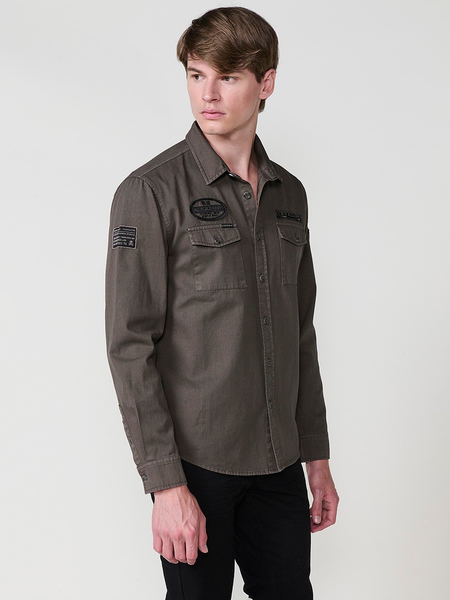 Chemise Homme Vert Olive 100 % Coton avec Poches à Rabat