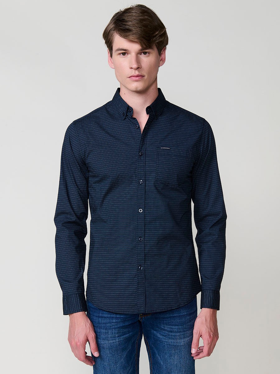 Chemise Homme Bleu Marine 100 % Coton avec Poche Poitrine