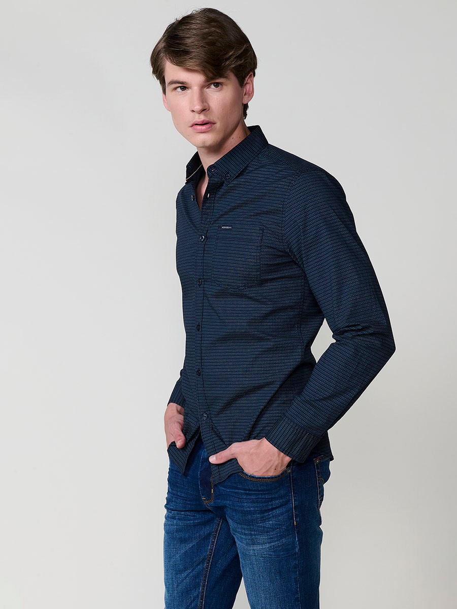 Chemise Homme Bleu Marine 100 % Coton avec Poche Poitrine