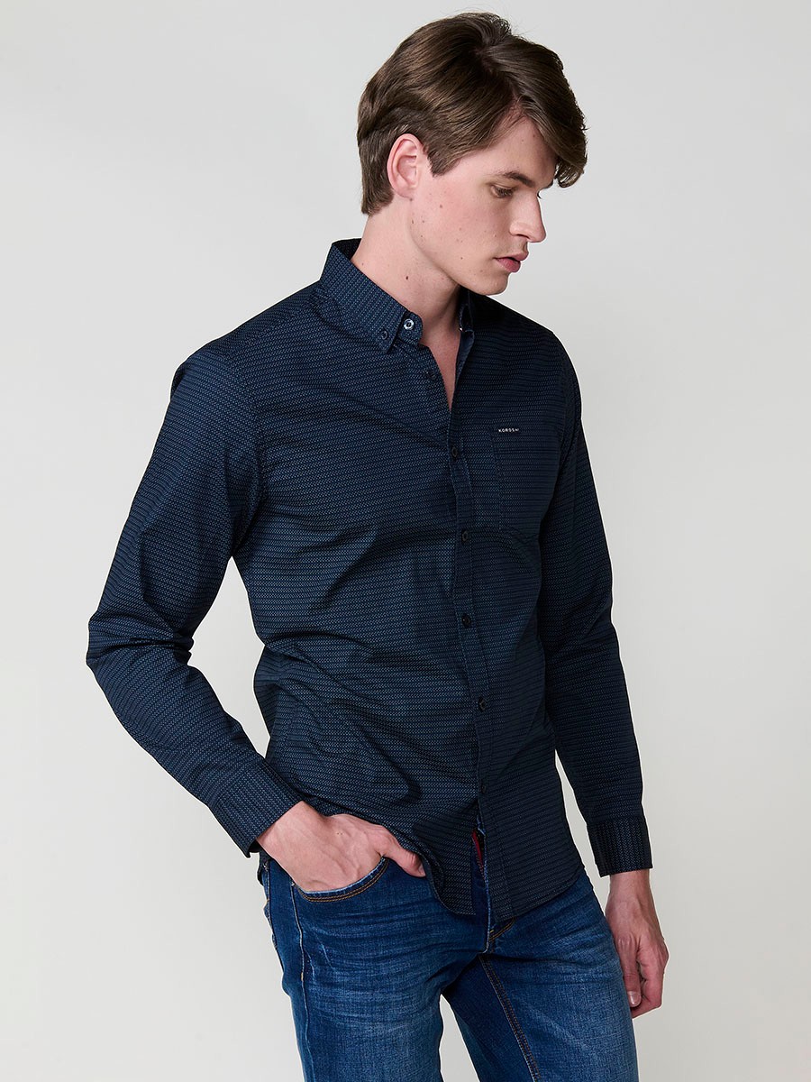 Chemise Homme Bleu Marine 100 % Coton avec Poche Poitrine