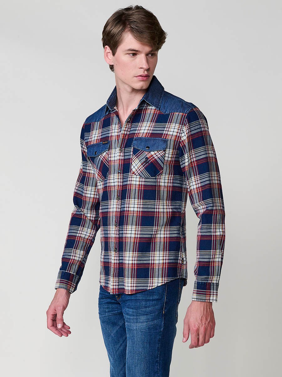 Chemise Homme en Coton à Carreaux avec Détails en Jean