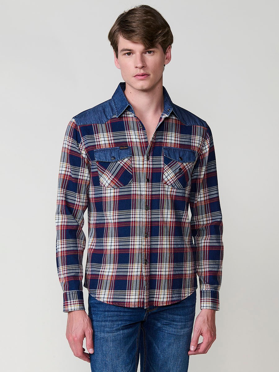 Chemise Homme en Coton à Carreaux avec Détails en Jean
