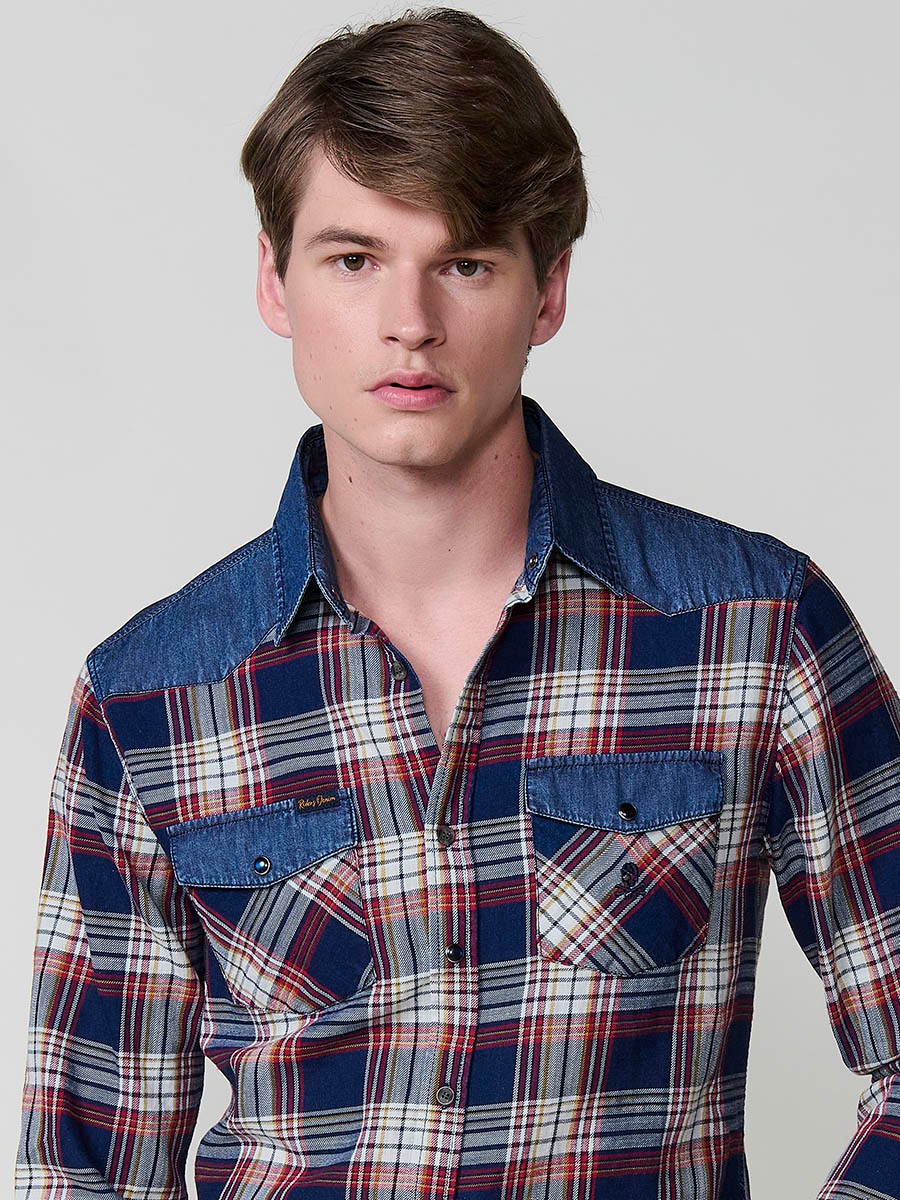 Chemise Homme en Coton à Carreaux avec Détails en Jean