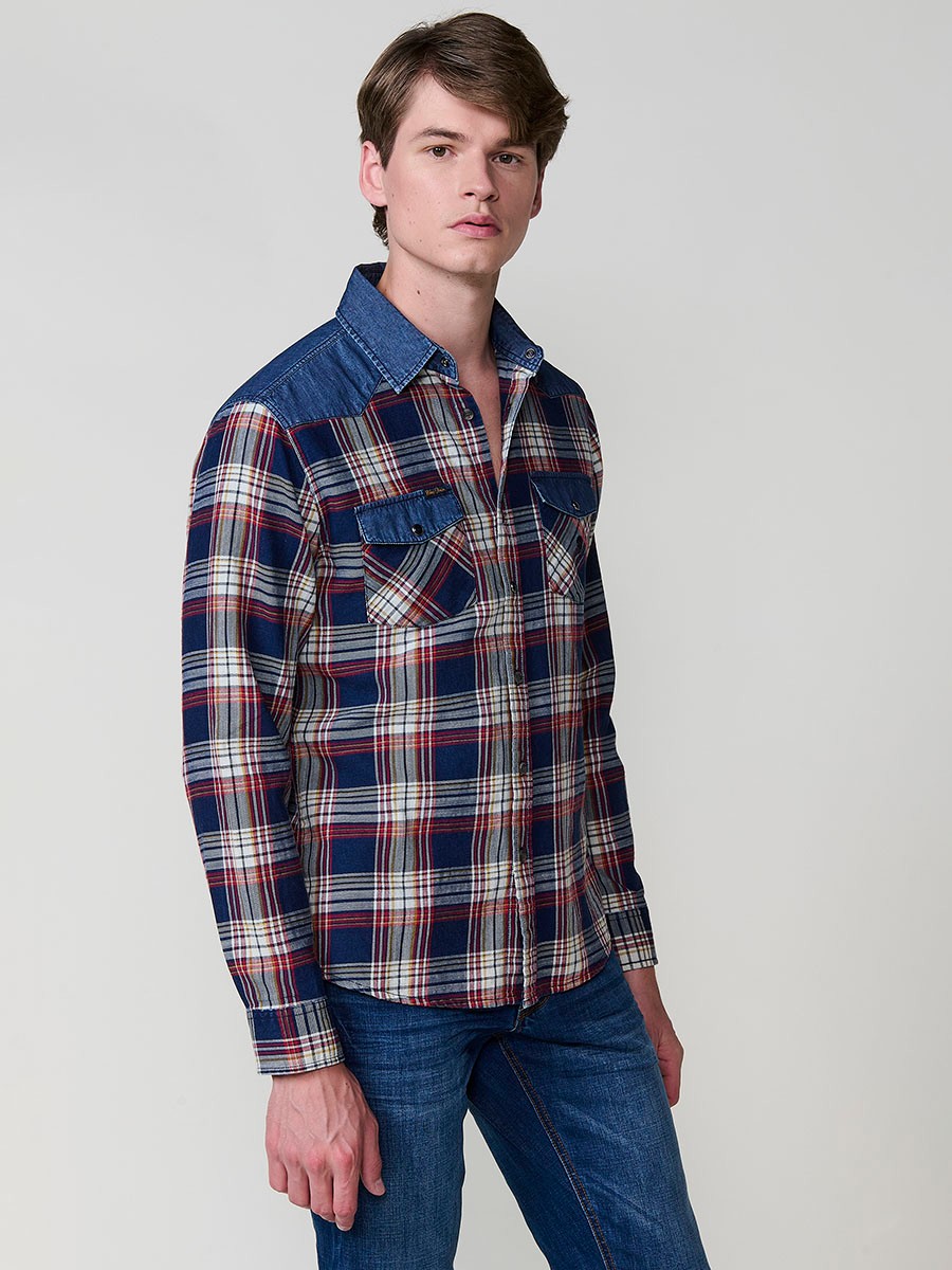 Camisa de Hombre de Algodón con Estilo Denim y Estampado a Cuadros