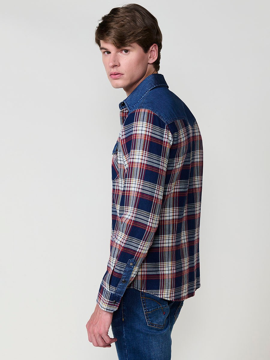 Chemise Homme en Coton à Carreaux avec Détails en Jean