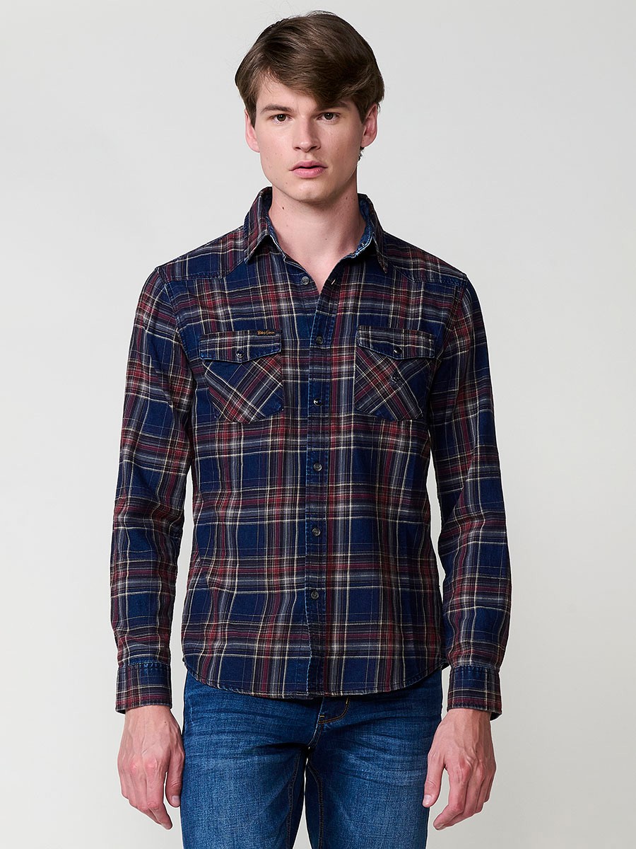 Camisa de Hombre de Algodón a Cuadros con Bolsillos y Botones a Presión