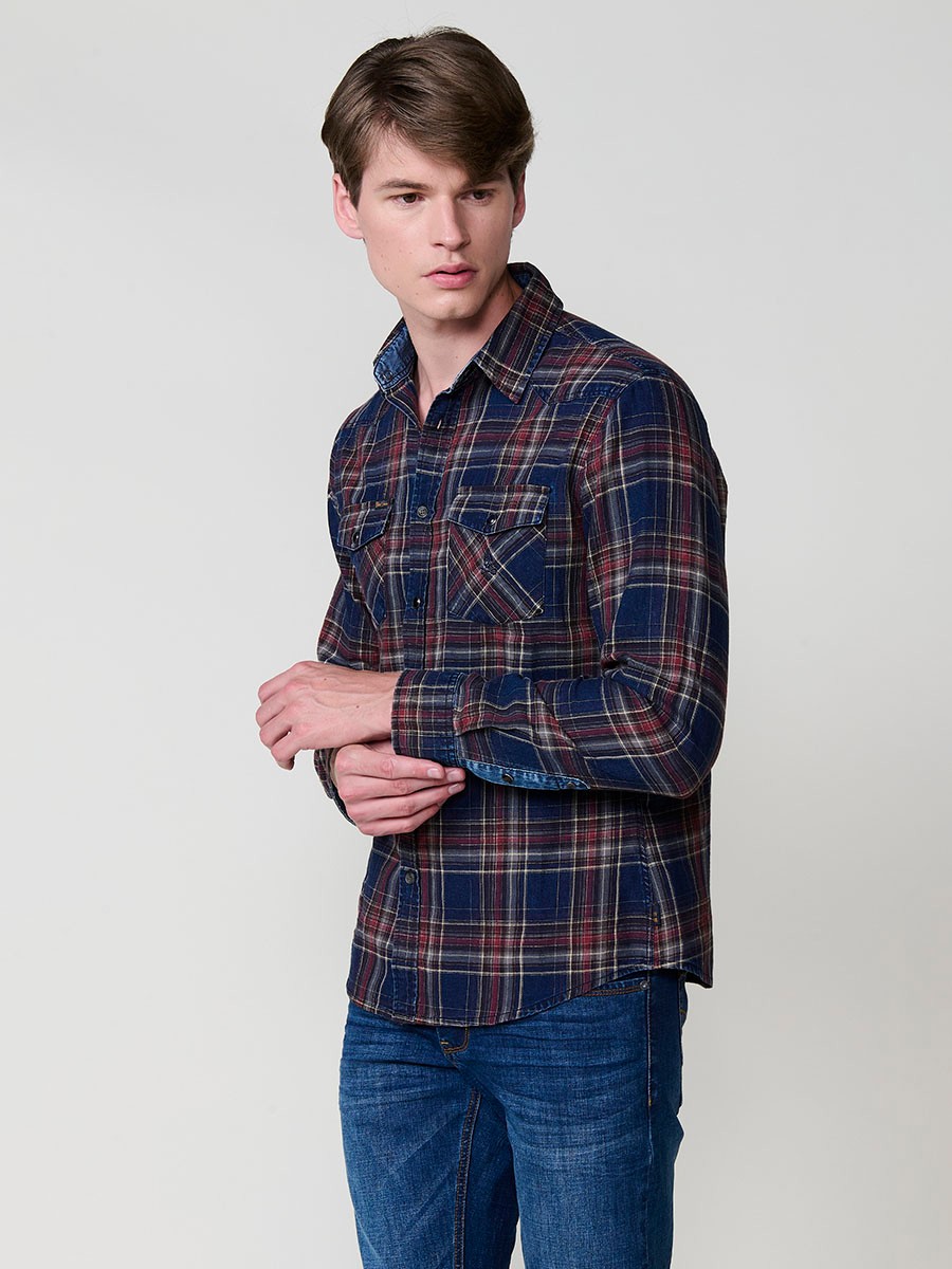 Chemise Homme en Coton à Carreaux avec Poches à Rabat et Boutons Pression