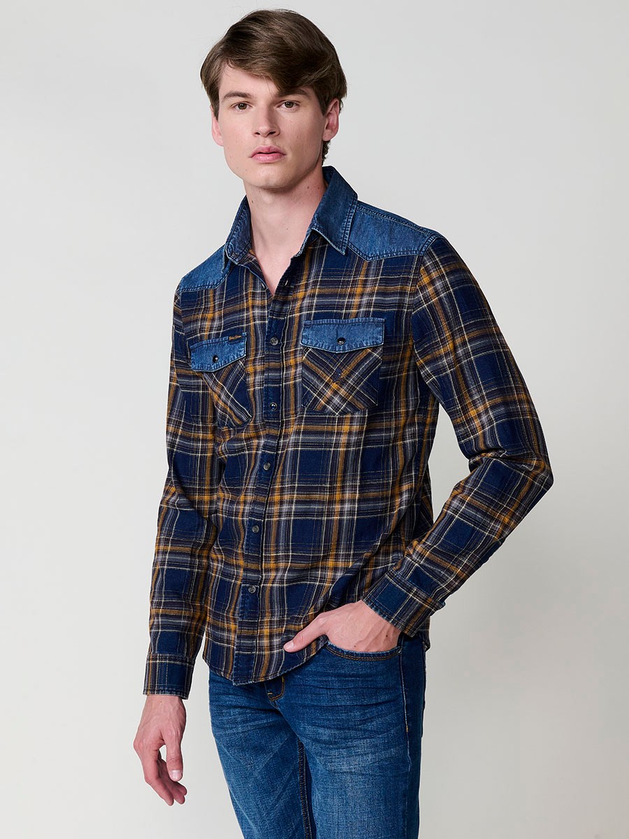 Chemise Homme en Coton à Carreaux avec Détails en Jean