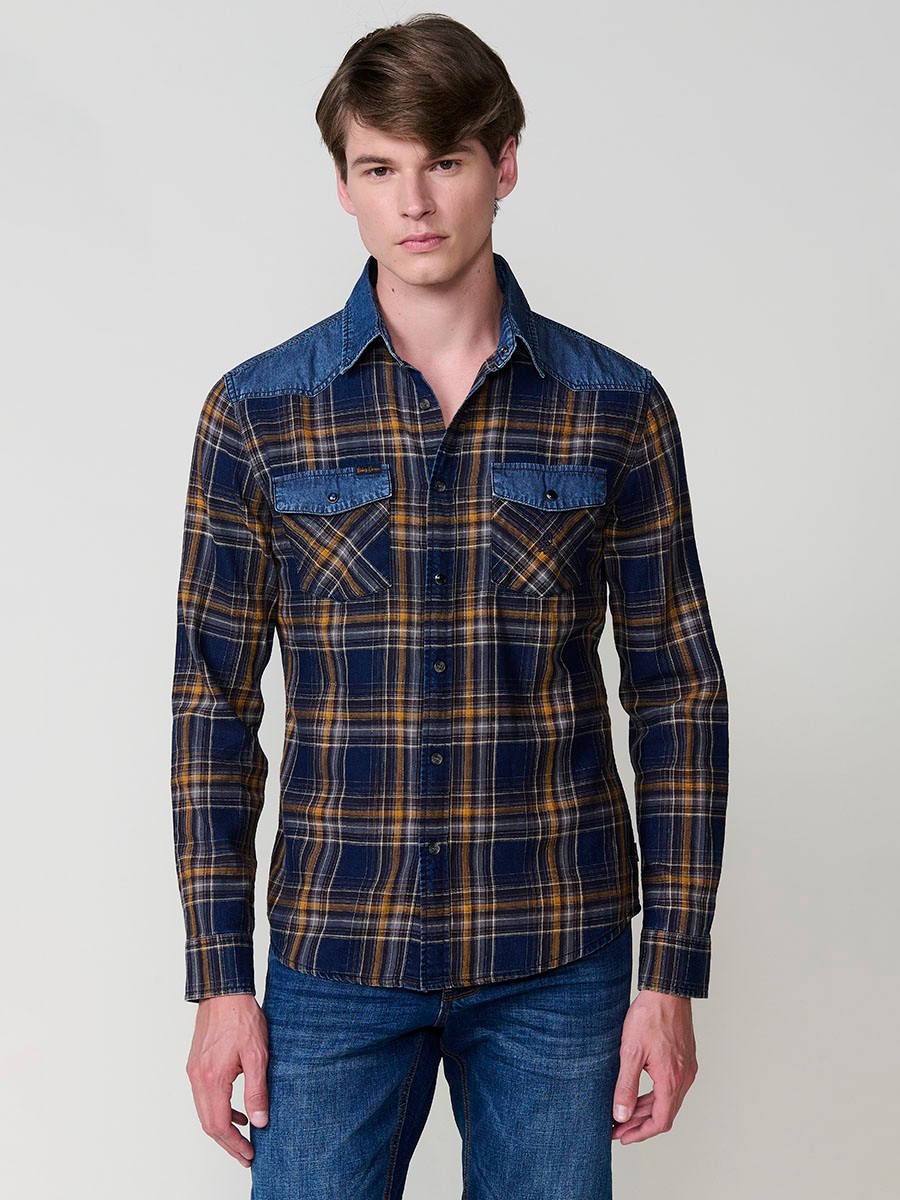Chemise Homme en Coton à Carreaux avec Détails en Jean